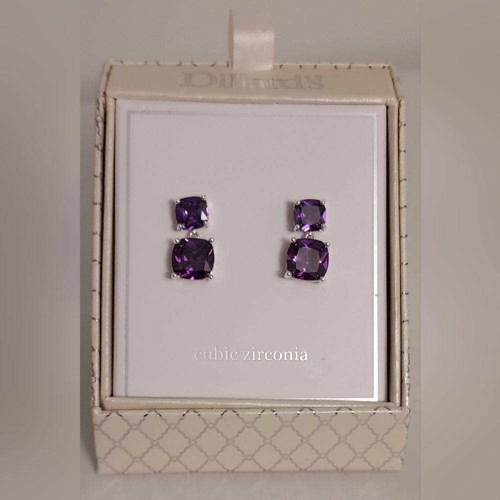 NIB Dillards Double Stone Cushion-cut Purple Cubic Zirconia Dangle Earrings